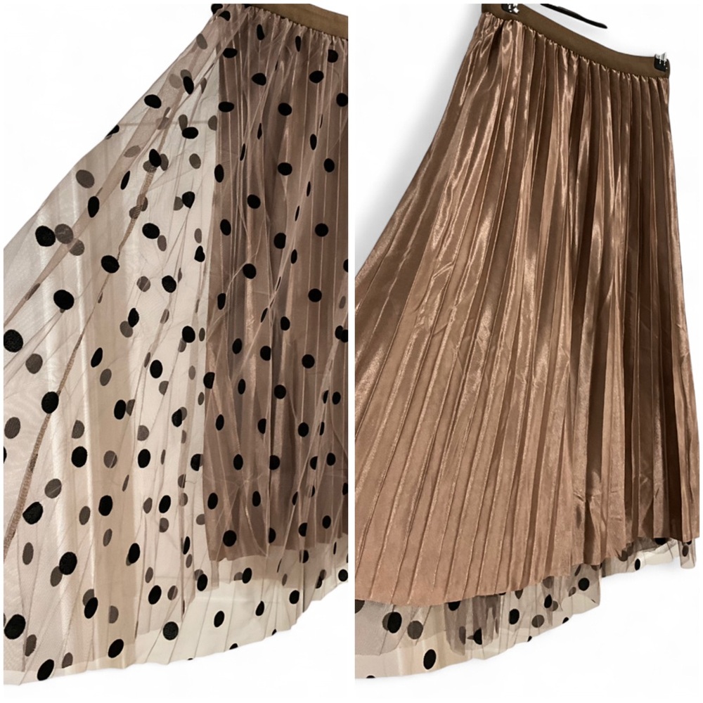 NWT EURO Mesh REVERSIBLE 2 in 1 Polka Dot Lace Flocking Swing A-line Midi Skirt - Picture 6 of 8